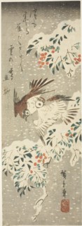 Sparrows Flitting about Snow-covered Nandina as More Snow Falls, c. 1840, Utagawa Hiroshige ?? ??,