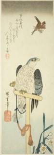 Falcon, sparrow, and narcissus, 1830s, Utagawa Hiroshige ?? ??, Japanese, 1797-1858, Japan, Color