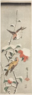 Sparrows and Camellia in Snow, c. 1837/48, Utagawa Hiroshige ?? ??, Japanese, 1797-1858, Japan,