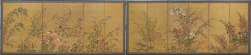 Flowers of All Seasons, mid–17th century, Japanese, Japan, Pair six-panel screens, ink, color, and