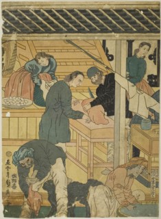 Sales Room at a Foreign Merchant Shop in Yokohama (Yokohama ijin shokan uriba no zu), 1861, Utagawa