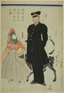 American Merchant Traveling in Yokohama (Yokohama torai Amerika shonin ryoko no zu), 1861, Utagawa