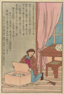 John James Audubon discovering his drawings eaten by a rat, 1870s, Japanese, Japan, Color woodblock