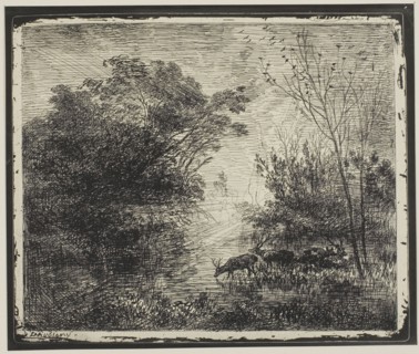 Stags, 1862, Charles François Daubigny, French, 1817-1878, France, Cliché-verre on ivory