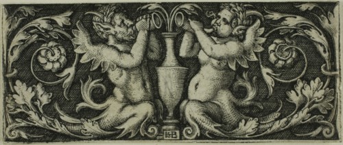 Ornament with Two Tritons, from Four Vignettes, c. 1544, Sebald Beham, German, 1500-1550, Germany,