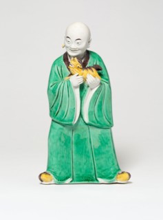 Seated Luohan Holding a Lion, Qing dynasty (1644–1911), c. 19th century, China, Porcelain painted