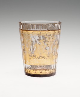 Beaker, c. 1730, Bohemia, Czech Republic, Bohemia, Glass with engraved gold leaf decoration, 8.9 ×