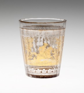 Beaker, c. 1730, Bohemia, Czech Republic, Bohemia, Glass with engraved gold leaf decoration, 8.9 ×