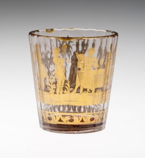 Beaker, c. 1730, Bohemia, Czech Republic, Bohemia, Glass with engraved gold leaf decoration, 7.6 ×