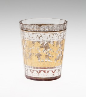 Beaker, c. 1730, Bohemia, Czech Republic, Bohemia, Glass with engraved gold leaf decoration, 8.9 ×