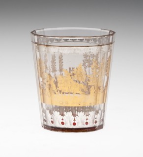 Beaker, c. 1730, Bohemia, Czech Republic, Bohemia, Glass with engraved gold leaf decoration, 7.9 ×