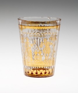 Beaker, c. 1730, Bohemia, Czech Republic, Bohemia, Glass with engraved gold leaf decoration, 9.2 ×