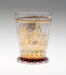 Beaker, c. 1730, Bohemia, Czech Republic, Bohemia, Glass with engraved gold leaf decoration, 10.3 ×