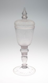 Covered Goblet (Pokal) with a Bear Hunt, 1680/1700, Germany, Nuremberg, Nuremberg, Glass, H. 38.1