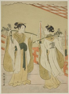 Shrine Maidens Onami and Ohatsu Dancing at Yushima Tenjin Shrine, c. 1769, Suzuki Harunobu ?? ??,
