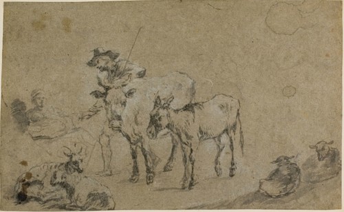 Herdsman with Cow, Donkey, Sheep, after Nicolaes Berchem the Elder, Dutch, 1621/22-1683, Holland,