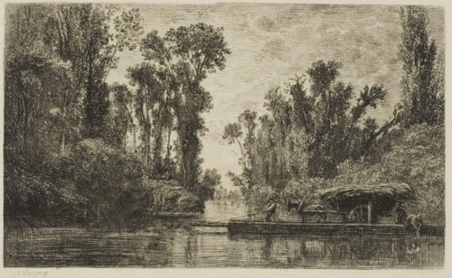 The Bezons Ferryboat, 1850, Charles François Daubigny, French, 1817-1878, France, Etching on cream
