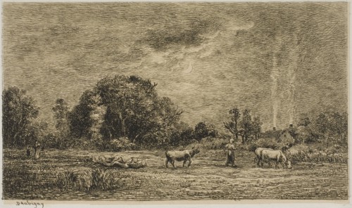 Moonrise, 1861, Charles François Daubigny, French, 1817-1878, France, Etching on cream chine laid