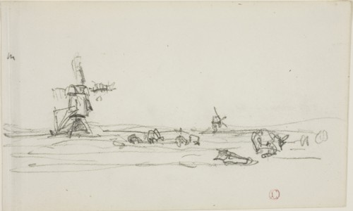 Landscape in Holland (recto), Sketch of Windmills by Water (verso), 1837/78, Charles François