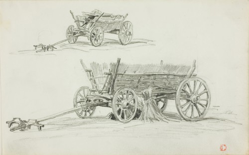 Two Sketches of an Ox Cart, c. 1850, Charles François Daubigny, French, 1817-1878, France, Graphite