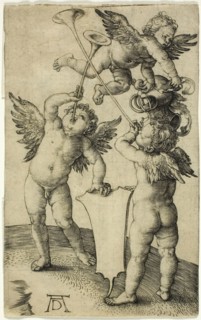 Three Putti with Shield and Helmet, c. 1505, Albrecht Dürer, German, 1471-1528, Germany, Engraving