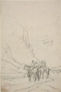 Men on Horseback Beside River, 1869, Eugène Fromentin, French, 1820-1876, France, Pen and brown