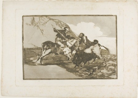 The Way in which the ancient Spaniards Hunted Bulls on Horseback in the Open Country, plate one