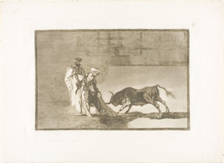 The Moors make a different play in the ring calling the bull with their burnous, plate six from The