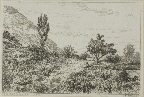 Landscape, 1844, Charles Émile Jacque, French, 1813-1894, France, Etching on ivory wove paper, 49 ×