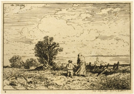 Crossing the Meadow, 1846, Charles Émile Jacque, French, 1813-1894, France, Etching on cream laid