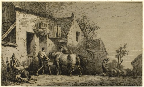 Entrance to an Inn, with Stable Boy, 1850, Charles Émile Jacque, French, 1813-1894, France, Etching