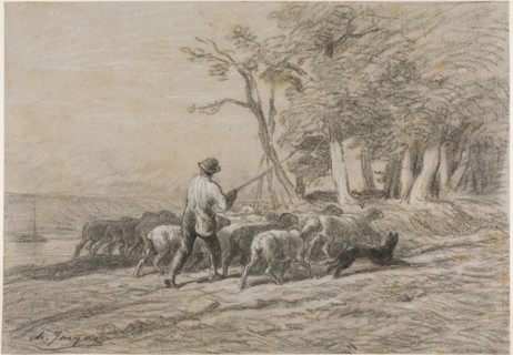Shepherd and his Flock, n.d., Charles Émile Jacque, French, 1813-1894, France, Charcoal, with
