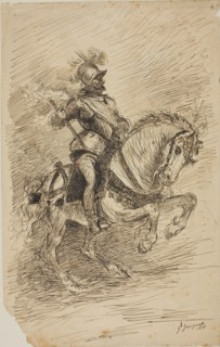 Cavalier on Horseback, 1874, Jules Jacquet, French, 1841-1913, France, Pen and brown ink on cream