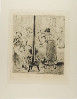 Plate from l’Assommoir (women ironing, man seated before a woodstove), 1879, Gaston La Touche,