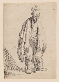 Beggar in a High Cap, Standing and Leaning on a Stick, c. 1629, Rembrandt van Rijn, Dutch,
