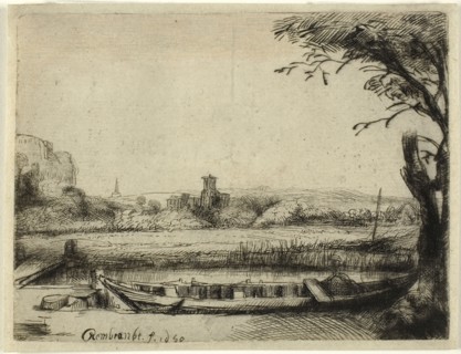 Canal with a Large Boat and a Bridge, 1650, Rembrandt van Rijn, Dutch, 1606-1669, Holland, Etching
