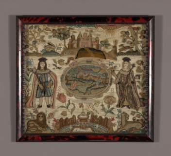 Needlework, 1698, England, Silk, warp-float faced 4:1 satin weave, appliquéd with linen, plain