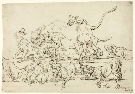 Dogs Attacking a Bull, 1789, Joseph Georg Wintter, German, 1751-1789, Germany, Pen and brown ink,