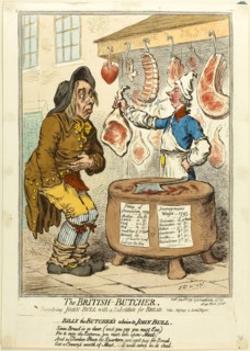 The British Butcher, Supplying John Bull with a Substitute for Bread, published July 6, 1795, James
