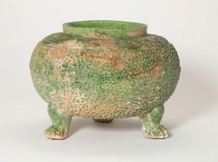 Tripod Jar, Tang dynasty (618–906), China, Stoneware with underglaze molded decoration and green