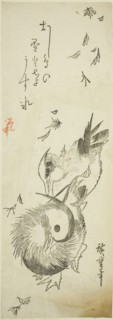 Mandarin ducks crossing icy pond amid falling leaves, 1830s, Utagawa Hiroshige ?? ??, Japanese,