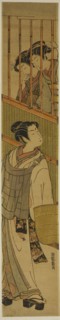 Two Young Women Looking out at Young Man Dressed as Komuso, c. 1774, Isoda Koryusai, Japanese,