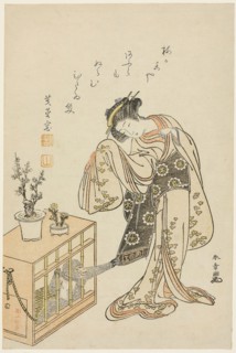 Young Woman with a Caged Monkey (Calendar Print for New Year 1776), 1776, Katsukawa Shunsho ?? ??,