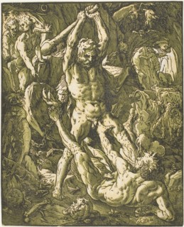 Hercules Killing Cacus, 1588, Hendrick Goltzius, Dutch, 1558-1617, Netherlands, Chiaroscuro woodcut