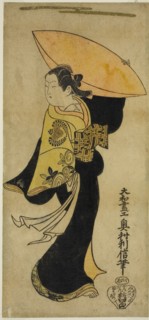 The actor Fujimura Handayu II as Nowake no Mae in the play Tategami Teika Kazura, performed at the