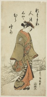 Young Woman Walking Near a Stream, c. 1760, Ishikawa Toyonobu, Japanese, 1711-1785, Japan, Color