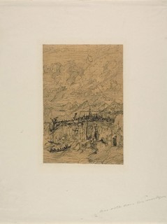 City in the Mountains, n.d., Rodolphe Bresdin, French, 1825-1885, France, Pen and black ink, on tan