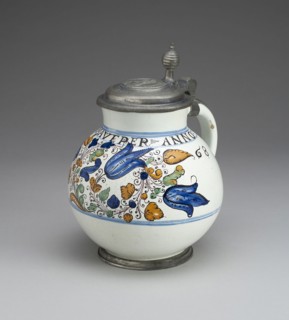 Jug, 1668, Hungary, Hungary, Tin-glazed earthenware (Habaner ware), pewter mounts, 22 x 18.4 cm (8