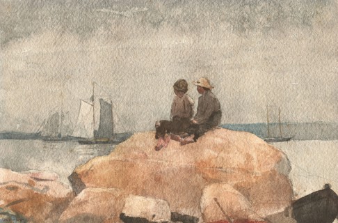 Two Boys Watching Schooners, 1880, Winslow Homer, American, 1836-1910, United States, Watercolor,