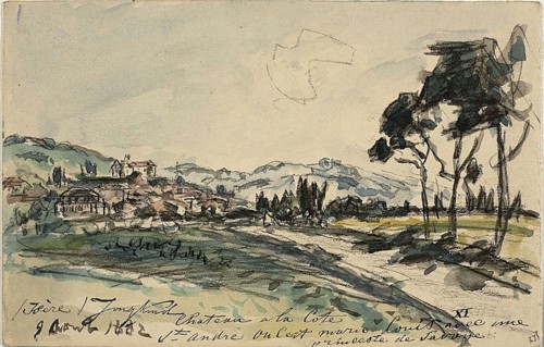 Chateau, Cote Saint Andre (recto) Empty Cart and Shed with Other Sketches (verso), 1882, Johan
